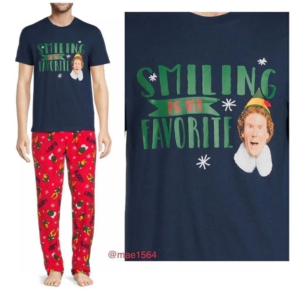 Elf Smiling is My Favorite 2pc Sleep Set Mens NWT Fleece Short Sleeve Buddy the